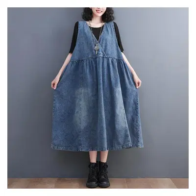 (blue, XL) Dimanaf Sautumn Plus Size Women Denim Dress Sleeveless Vest Solid Vintage Long Dress 