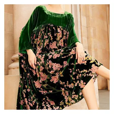 (green, XXL) Spring Golden Velvet Jacquard Women Long Dress Vintage Loose Print Ladies Dresses