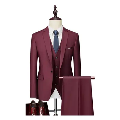 (wine red, 175-L) Men&apos;s Three Piece Business Suits Gentlemen Wedding Bridegroom Party Solid