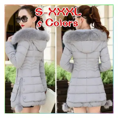 (grey, L) Fashion Women Winter Warm Fur Collar Zipper Hooded Down Jacket Casual Outerwear Coat T