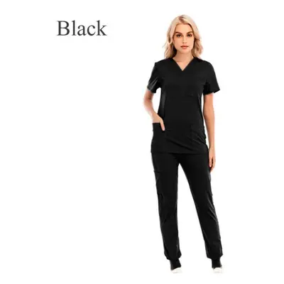 (black, XL) Women Solid Color Short Sleeve With Pocket Set V-neck Quick Dry Nursing Working Unif