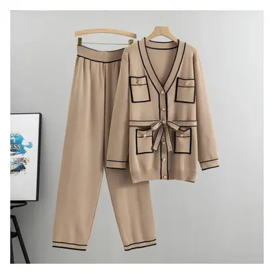 (khaki, L) Autumn And Winter Women&apos;s Knitted Suit Cardigan Wide Leg Pants Suit Temperament 