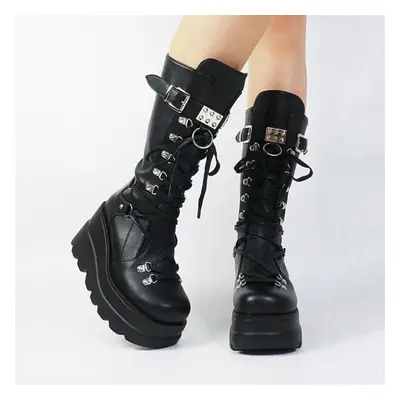 (black, 39) Gothic Style Platform Women Mid-calf Boots Winter Wedges Comfy Women Motorcycle Boot