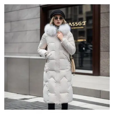 (white, XXL) Women&apos;s Mid Length Winter Fashionable Slim Fitting Cotton Jacket With Large Fu