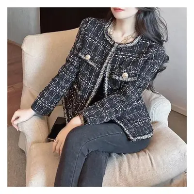 (black, M) Women&apos;s Autumn Vintage Casual Small Fragrance Tweed Jacket Coat