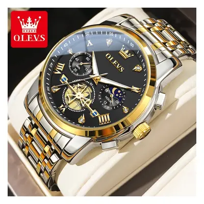 (gold black, No) Multifunctional Fltwheel Chronograph Quartz Watch Moon Phase Hour Waterproof