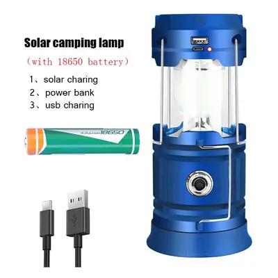 (Blue, With Solar) Outdoor Camping Lamp Solar Multifunctional Household Portable Strong Light Em