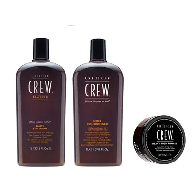 American Crew Daily Moisturizing Shampoo 1000ml, Conditioner 1000ml and Heavy Hold Pomade 85g