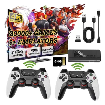 4K Retro Video Game Console Plug & Play 64GB 30000+ Video Game Stick + Wireless Controllers