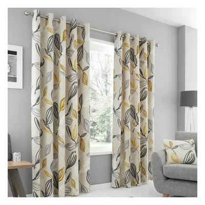 (Ochre, x Inch) Fusion Ensley Botanical Print 100% Cotton Eyelet Lined Curtains