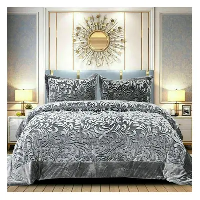 (Grey, King) 3PCs Luxury Teddy Fleece Quilted Modern Bedspread