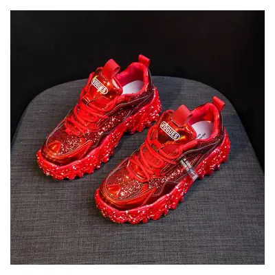 (red, 36) Tuinanle Reflective Chunky Sneakers Women Fashion Glitter Bling Vulcanized Shoes Woman