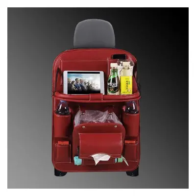 (wine red) Pu Leather Car Storage Bag Multifunction Seat Back Tray Hanging Bag Waterproof Car Or