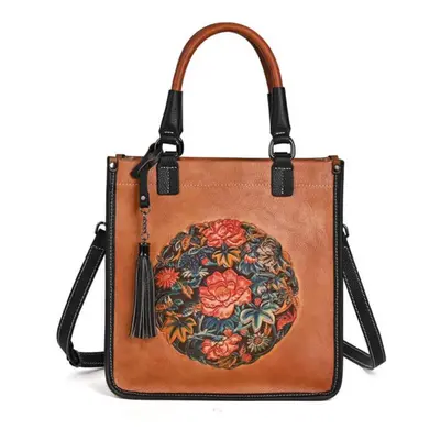 (brown) Johnature Chinese Style Retro Embossed Women Bag Genuine Leather Versatile Real Cowhide 