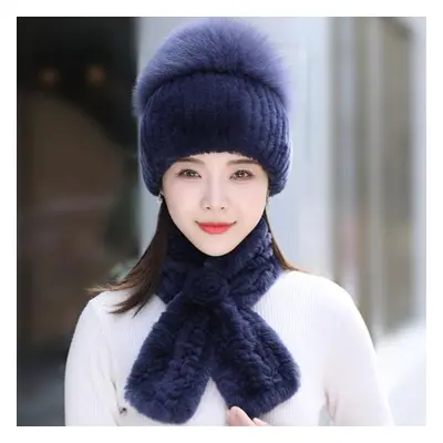 (dark blue, Good elasticity 52cm-60cm) Rex Rabbit Fur Hat Scarf Sets Women Winter Warm Luxury 10