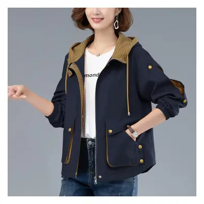 (navy blue, S) Spring Women&apos;s Fashion Casual Solid Color Hooded Jacket