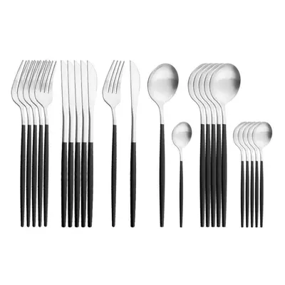 (black,silver) 24pcs Gold Matte Cutlery Set Stainless Steel Dinnerware Set Silver Knife Fork Spo