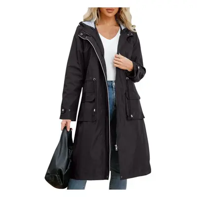 (black, XL) Women&apos;s Solid Colored Hooded Long Sleeved Trench Coat With Striped And Straight