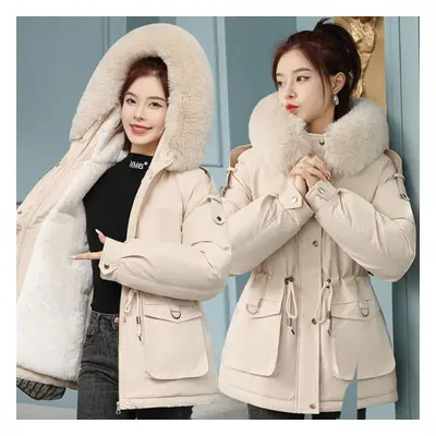 (beige, M) Women Autumn Winter Solid Color Long Sleeve Drawstring Fur Collar Pockect Warm Coat J