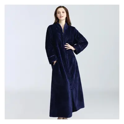 (navy blue, XL(80-100kg)) Autumn&winter Zipper Velvet Bathrobe Plus Increase Nightgown Men Women