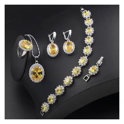 (yellow, 9) Ring Earrings Necklace Bracelet Silver Jewelry Set Oval Shape Zircon Gemstone Access