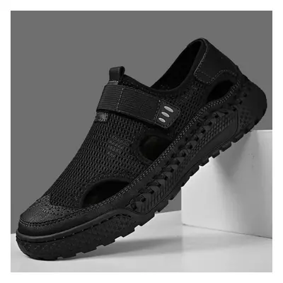 (black, 46) Summer Men&apos;s Sandals Handmade Mesh Breathable Casual Shoes