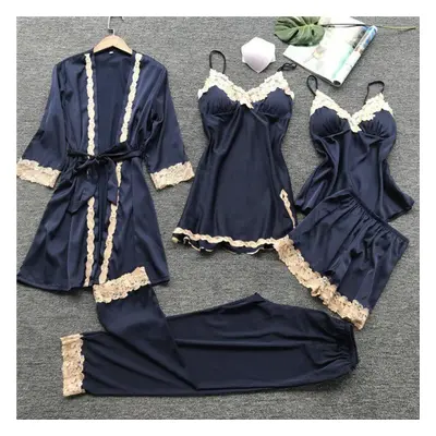 (navy, XL) Summer New Thin Section Pcs Women Pajama Set Lace Sexy With Chest Pad Spaghetti Strap