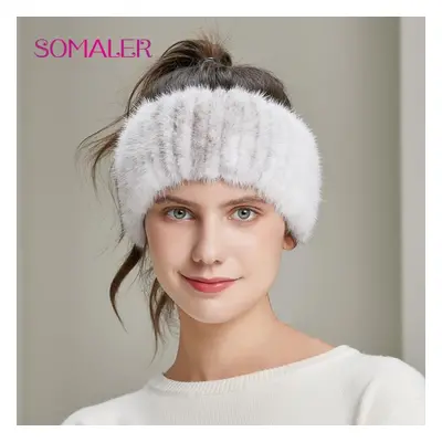 (white,grey) Somaler Winter Women&apos;s Mink Fur Headband Hand-sewn Fur Girl Headwear Fashion F