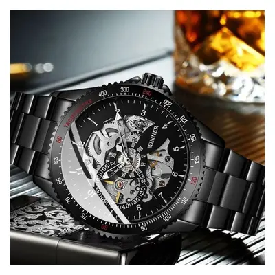 (black) Winner Glass Skeleton Dial Automatic Watch Black Luminous Waterproof Stainless Steel Mec