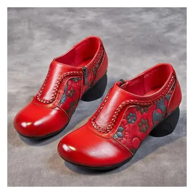 (red, 41) Johnature Vintage Handmade Genuine Leather Pumps Ethnic Style Flower Mid Heel Round To