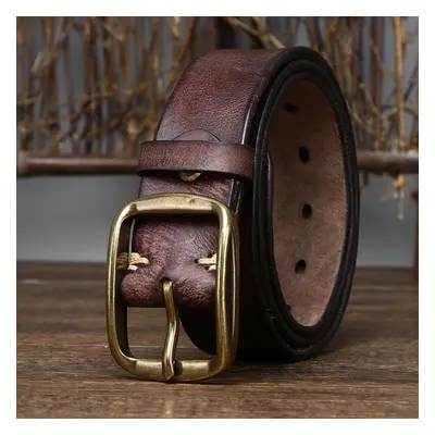 (coffee, 130cm) Retro Distressed Genuine Leather Belt Pin Buckle First Layer Cowhide Korean Styl