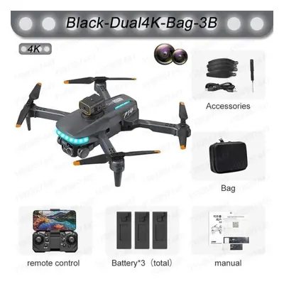 (Dual 4K 3B, Black) P14 Max Drone 8K HD GPS Professional UAV Intelligent Obstacle Avoidance Fold