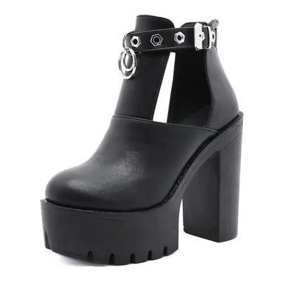 (black, 39) Gdgydh Metal Rivet Block Heels Platform Ankle Boots Women Black Leather Buckle Gothi