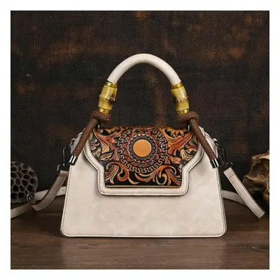 (beige) Johnature Vintage Handmade Embossed Women Leather Bag Luxury Handbag Versatile Female Sh