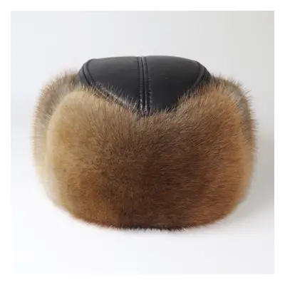 (yellow, 55cm-56cm) Men Winter Outdoor Keep Warm Real Mink Fur Bomber Hat 100% Natural Sheepskin