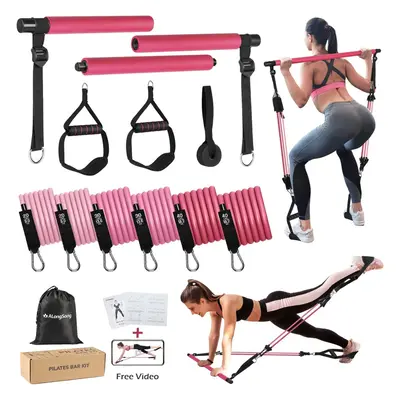 (20-180LBS, Pink 20-180LBS) Pilates Bar Set With Latex Elastic Resistance Bands 20-180LBS or 30-