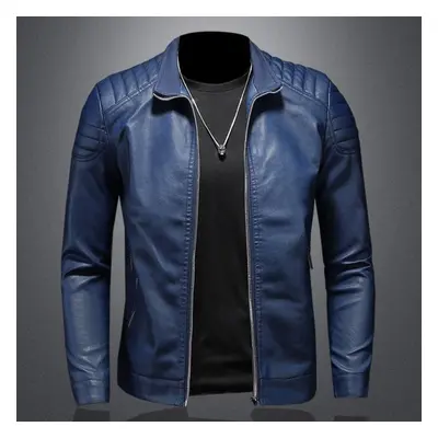 (blue, M) Spring New Men&apos;s Leather Jacket With Stand Collar