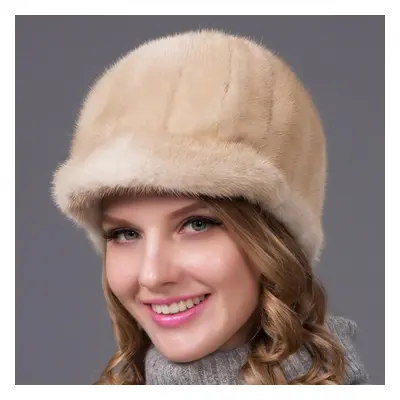 (yellow, L) Winter Mink Fur Women Warm Hat Fashion Thick Visor Hat Fox Fur Cap Casual