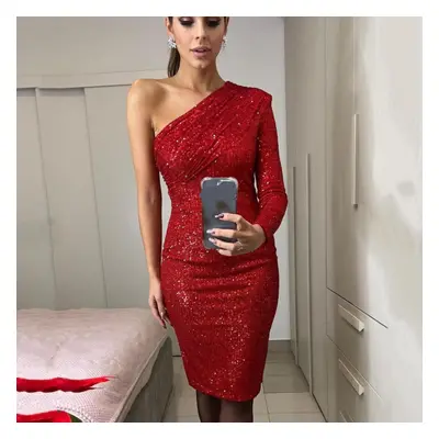 (red, L) Women&apos;s One Shoulder Dress With Oblique Collar Wrapped Chest Evening Dress Fashion