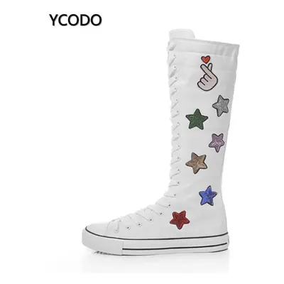 (white, 39) Spring Autumn Women Boots Canvas Mid Calf Boots Casual High Top Shoes Long Boots Lac