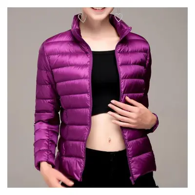 (purple, L) Women&apos;s Down Jacket Winter Short Hooded Warm Slim Fashion Solid Color Jacket