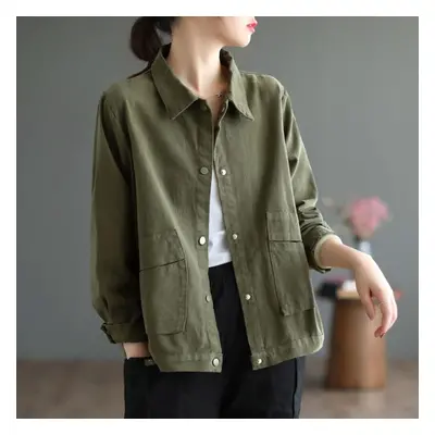 (green, L) Women Casual Short Jackets Autumn Vintage Style Solid Color All-match Loose Female Co