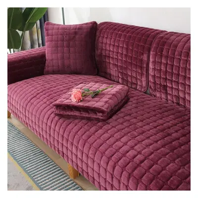 (wine red, 110x240cm) Solid Color Non-slip Sofa Cover Thickened Soft Plush Sofa Cushion Towel Fo