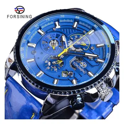 (blue) Forsining2022 New Three-disc Sports Automatic Mechanical Strap Calendar Men&apos;s Top Wa