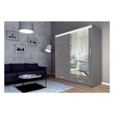 (205cm, Grey) Modern High Gloss Sliding door Wardrobe with Long LED