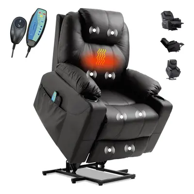 (Black) Rise and Recline Chair Electric Point Heated Massage Sofa Riser Recliner Armchair