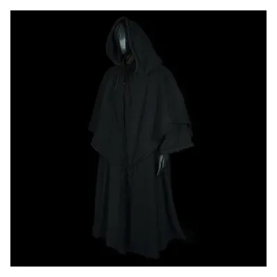 (Black, 5XL) Medieval Cape Robe Hood Black Renaissance Larp Coat Cape Witch Wizard Fantasy