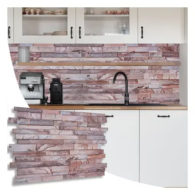 (Set of 10) 3D Wall Panels (96 x 48cm) PVC Cladding with Rose Marble Slim Stone Brick