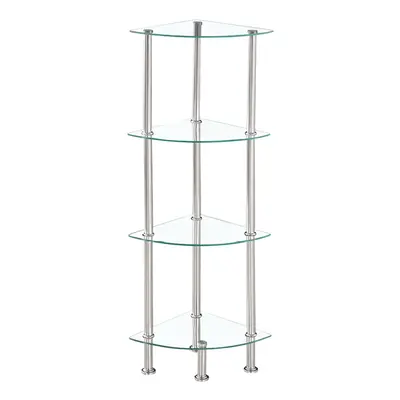 (Clear, Tier 4) Corner Tempered Glass Tier Shelf Storage Unit with Chrome Stand