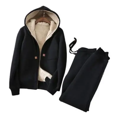 (black, XL) Set Sweatshirt Pants Zipper Placket Cardigan Drawstring Elastic Waist Solid Color Ke